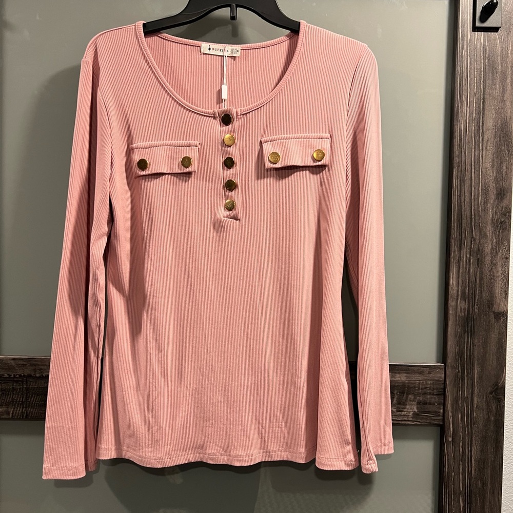 Womens Long Sleeve Henley TShirt Slim Fit scoop neck ribbed knit shirts. Size XL